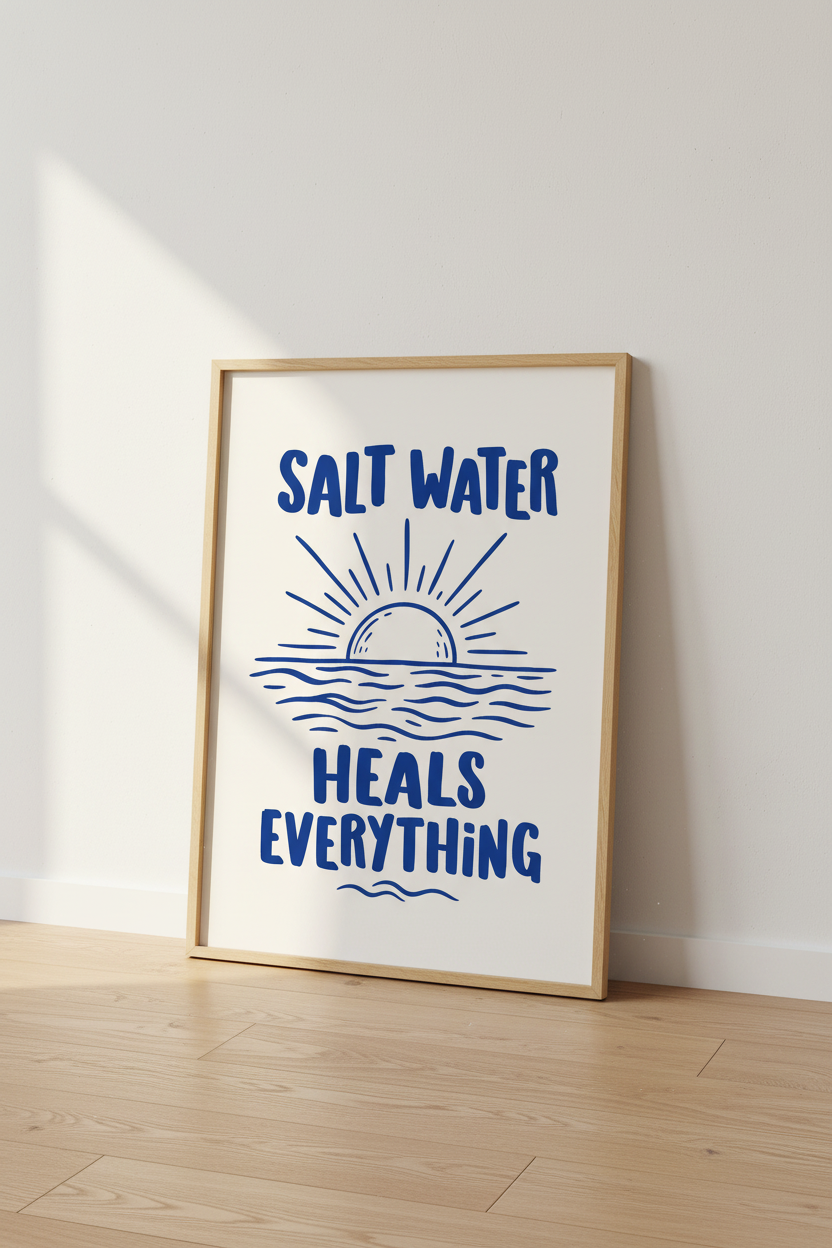 Salt Water Wall Art | Navy Sunrise Coastal Living Room Decor | Beachy Poster