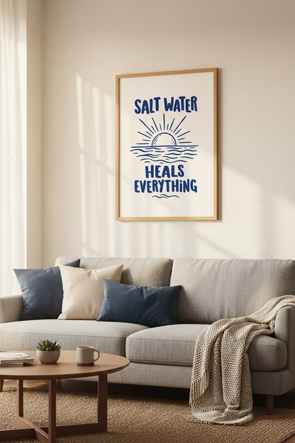 Salt Water Wall Art | Navy Sunrise Coastal Living Room Decor | Beachy Poster