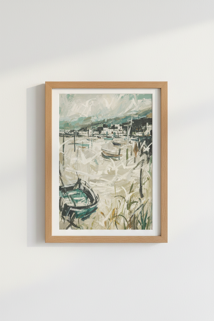 Coastal wall art | Abstract harbor print in teal &amp; sand | Living Room Decor