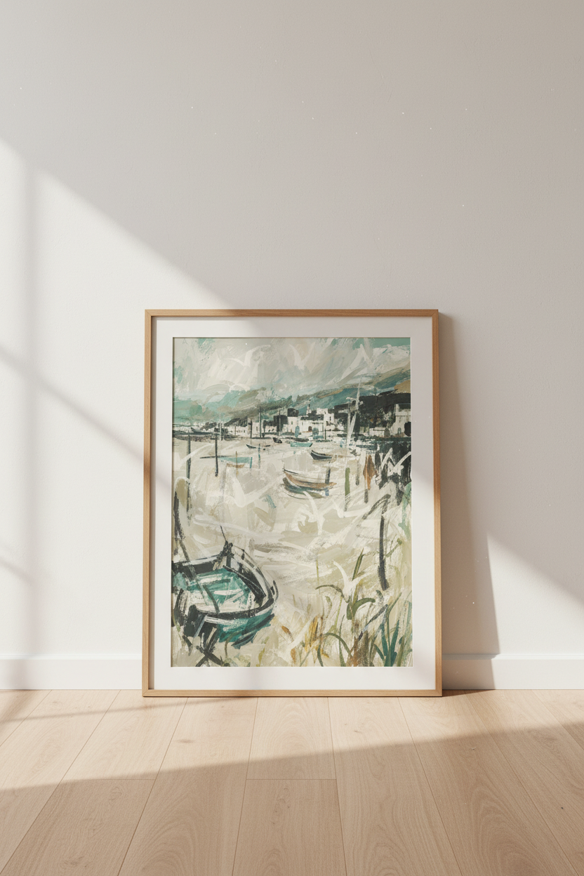 Coastal wall art | Abstract harbor print in teal &amp; sand | Living Room Decor