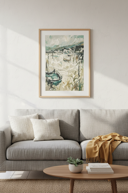 Coastal wall art | Abstract harbor print in teal &amp; sand | Living Room Decor