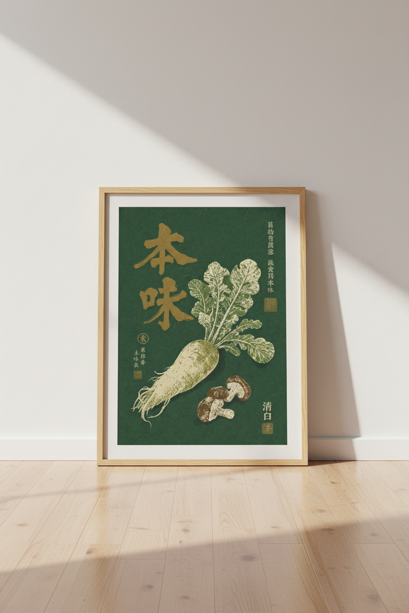 Japanese Radish Art | Vintage Shiitake Botanical Print, Kitchen &amp; Dining Room Decor