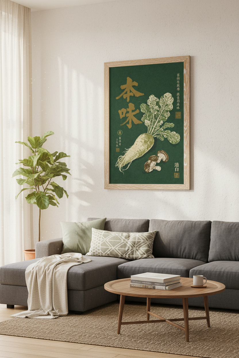 Japanese Radish Art | Vintage Shiitake Botanical Print, Kitchen &amp; Dining Room Decor