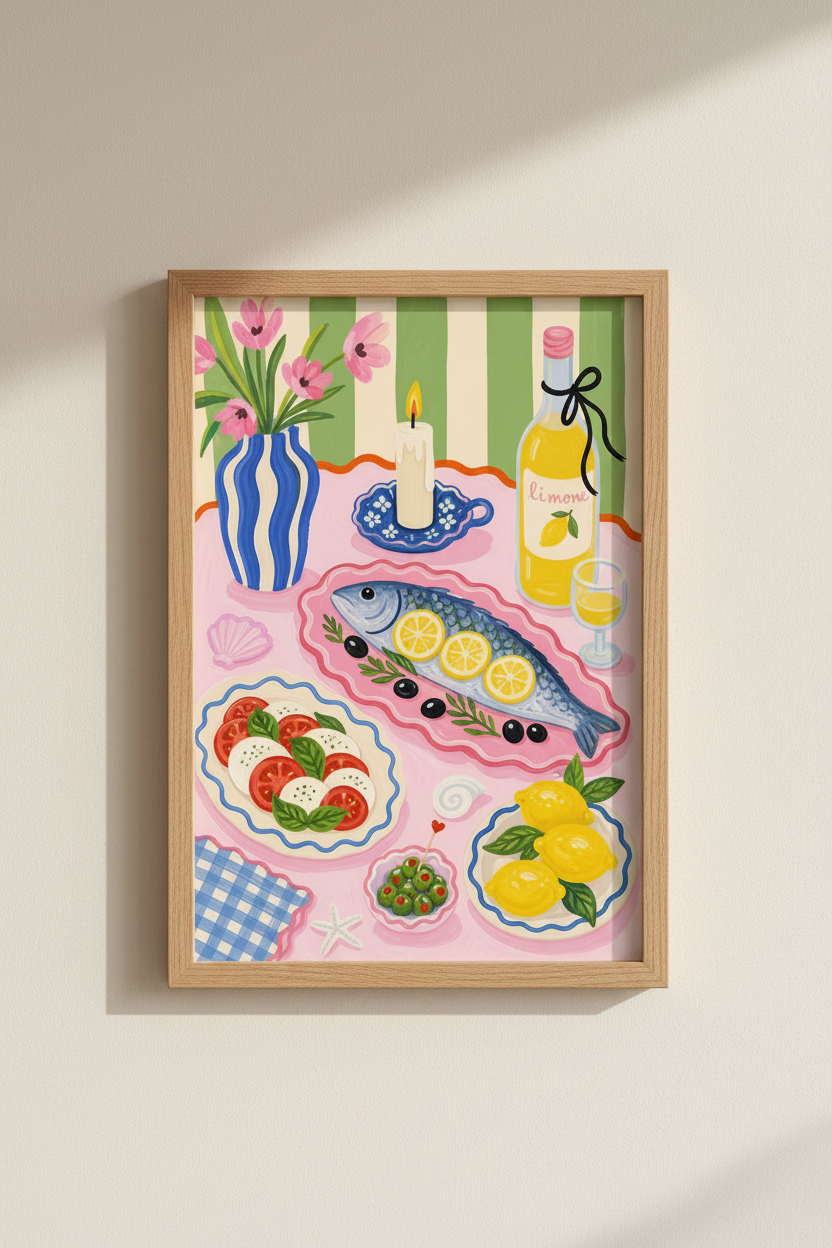 Italian Dinner Table Wall Art Print | Kitchen Decor | Mediterranean Food Poster