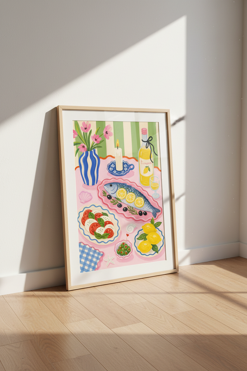 Italian Dinner Table Wall Art Print | Kitchen Decor | Mediterranean Food Poster