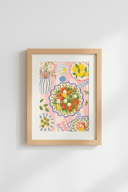 Colorful Kitchen Art Print | Mediterranean Food Poster, Pink Dining Wall Decor