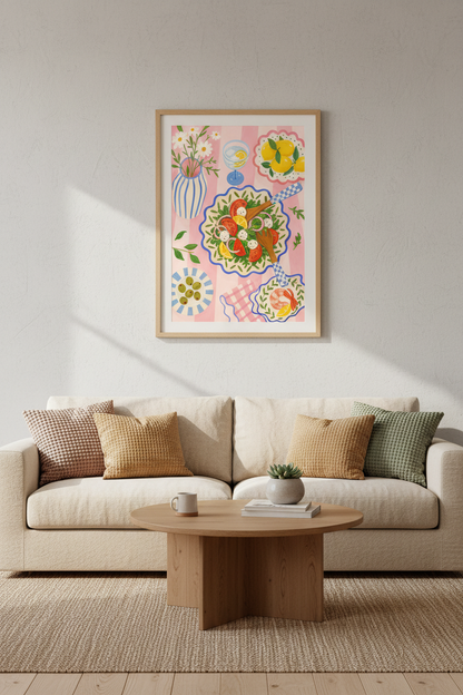 Colorful Kitchen Art Print | Mediterranean Food Poster, Pink Dining Wall Decor