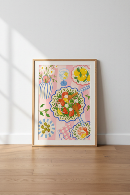 Colorful Kitchen Art Print | Mediterranean Food Poster, Pink Dining Wall Decor