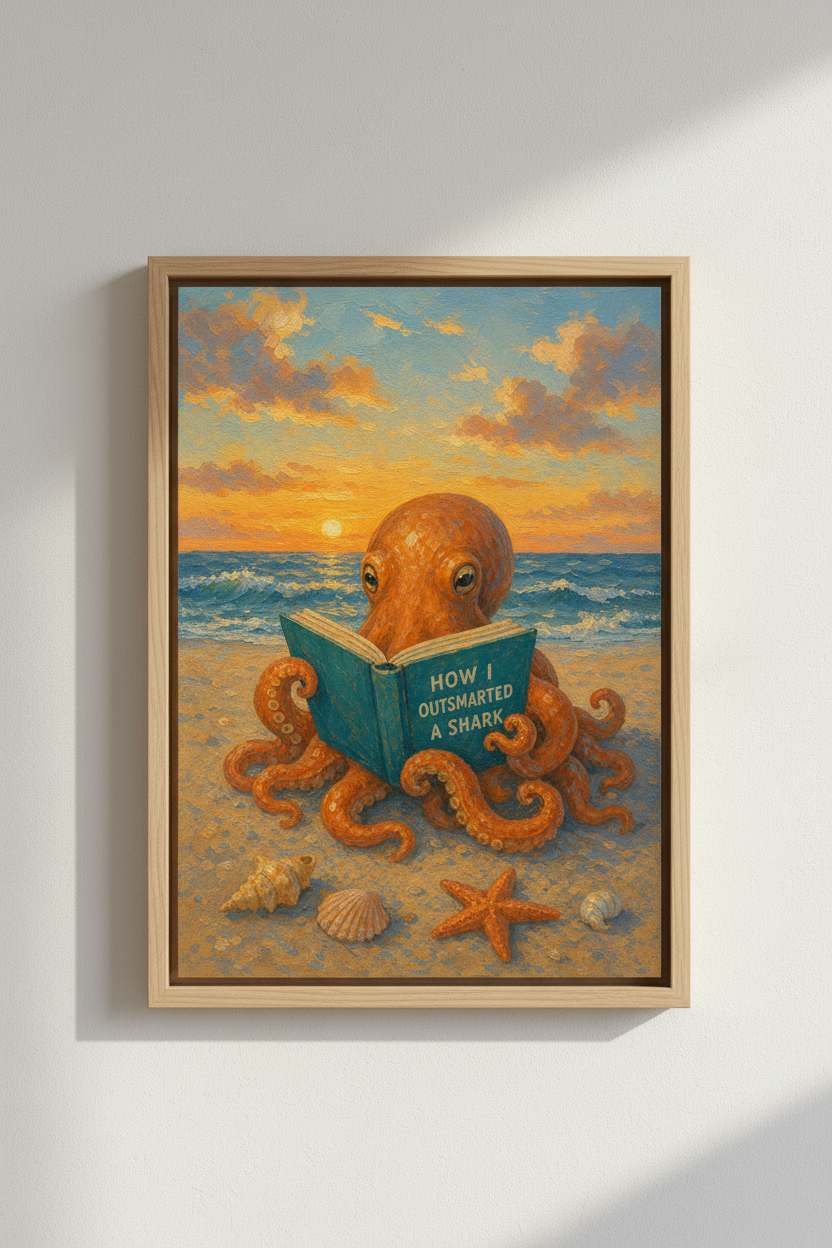 Octopus Book Wall Art Print | Funny Coastal Beach Decor | Whimsical Ocean Poster