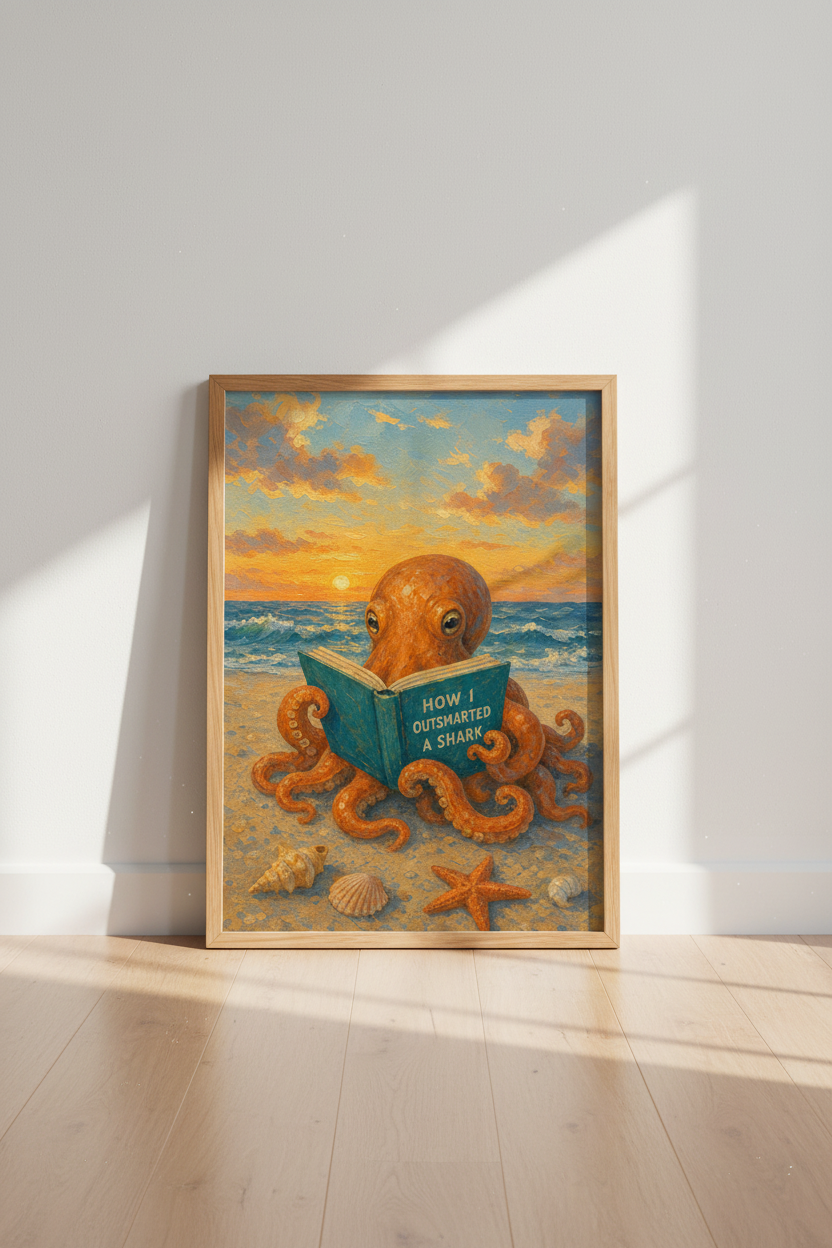 Octopus Book Wall Art Print | Funny Coastal Beach Decor | Whimsical Ocean Poster