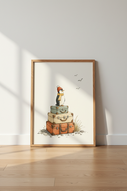Penguin Traveler Wall Art Print | Nursery Decor | Whimsical Storybook Poster