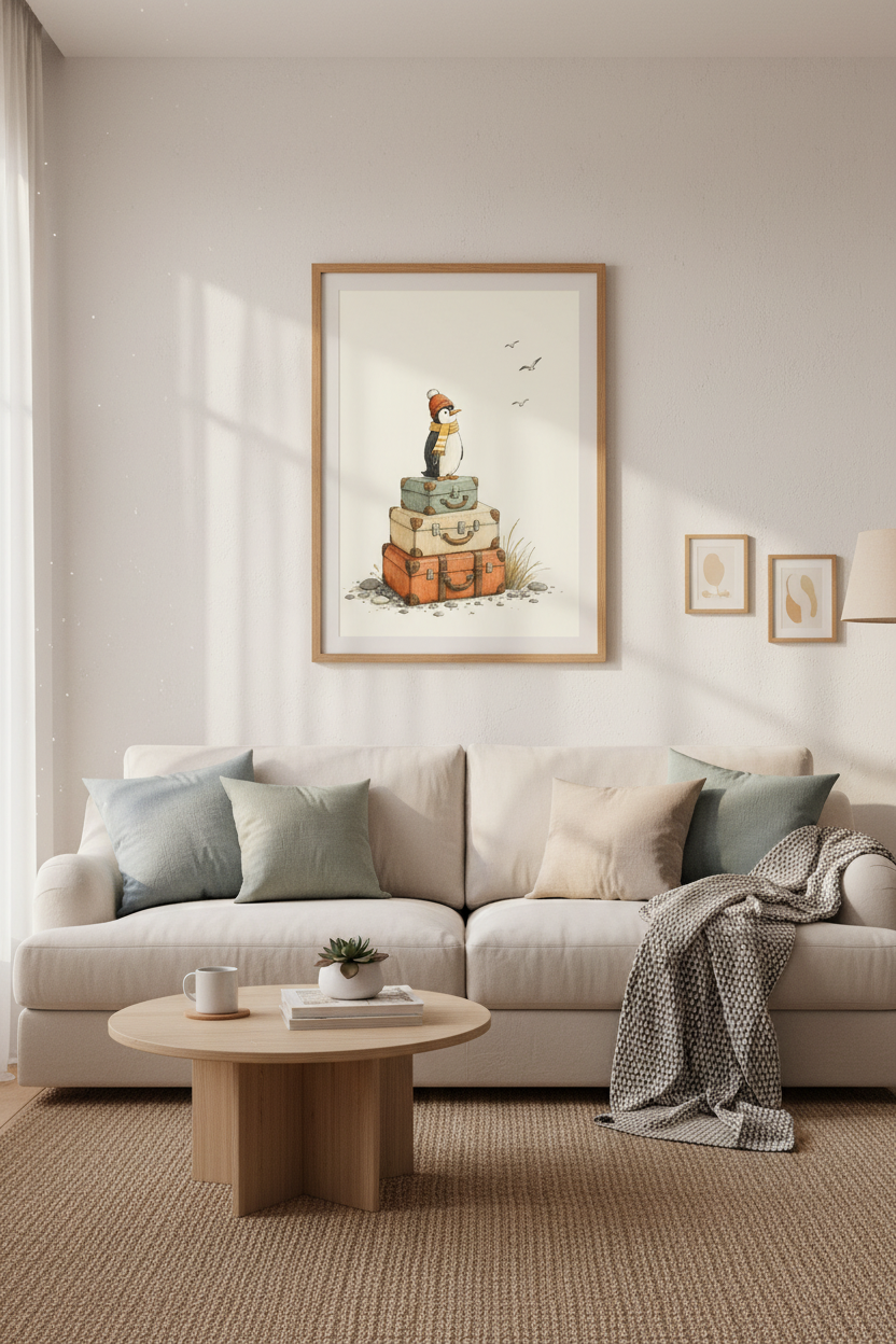 Penguin Traveler Wall Art Print | Nursery Decor | Whimsical Storybook Poster