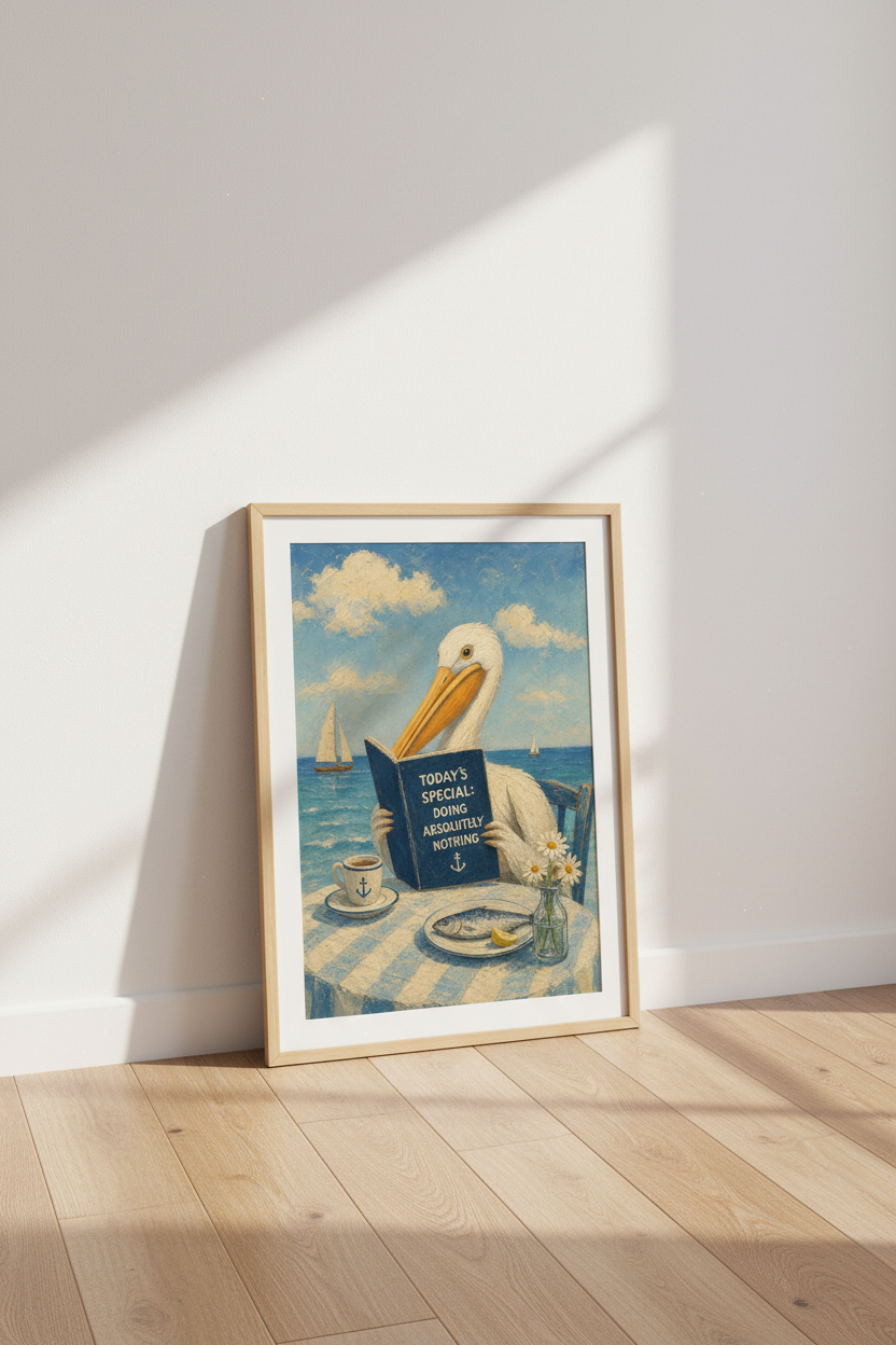 Coastal Pelican Wall Art Print | Nautical Beach House Decor | Whimsical Animal Poster