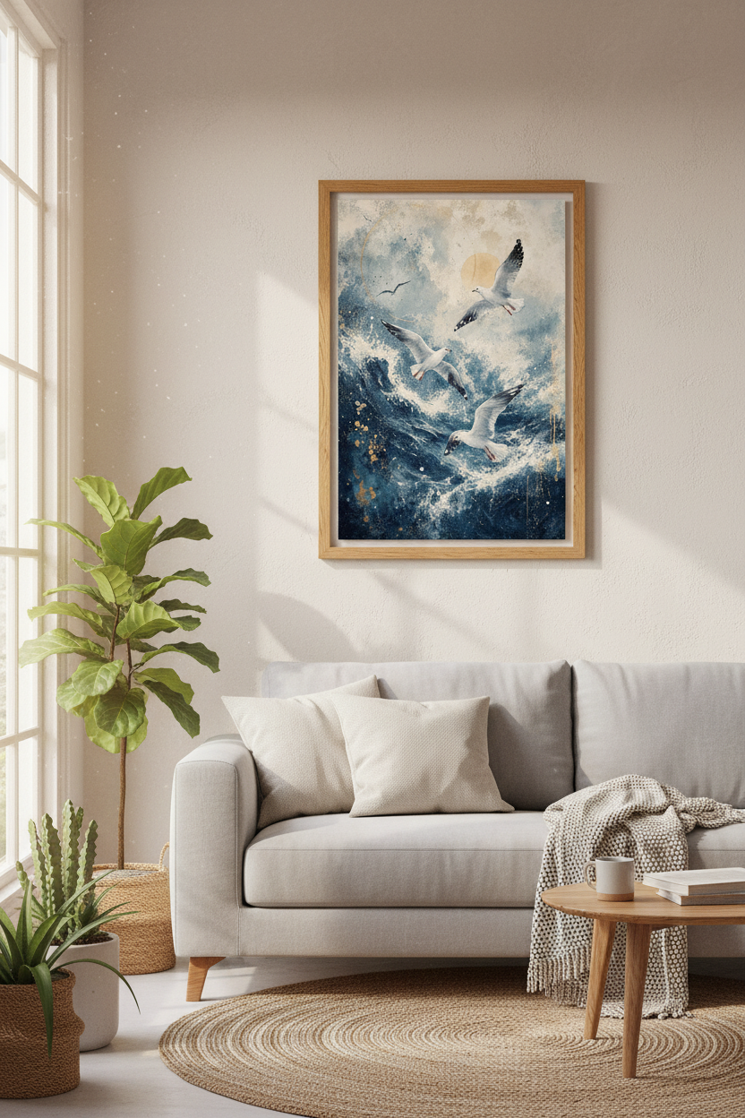 Seagulls Ocean Waves Art | Navy Blue &amp; Gold Coastal Decor | Modern Sea Poster