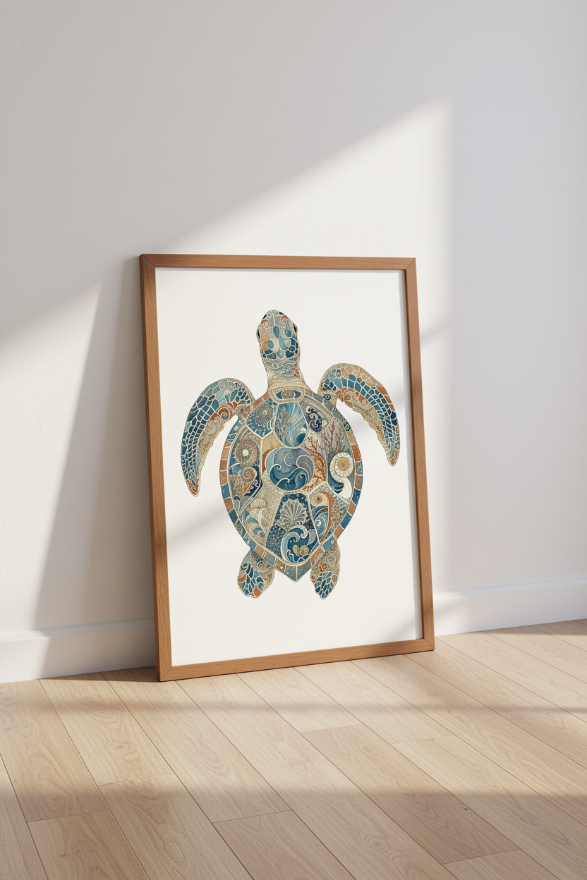 Mosaic Sea Turtle Wall Art | Coastal Blue &amp; Gold Decor | Boho Ocean Life Poster