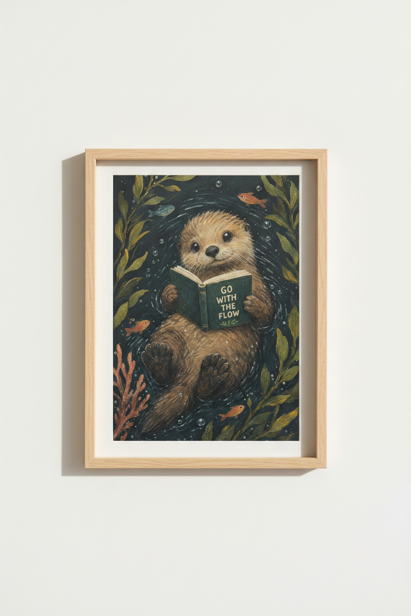 Whimsical Otter Wall Art Print | Nursery &amp; Library Decor | Dark Academia Poster