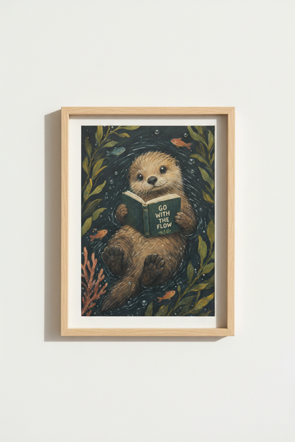 Whimsical Otter Wall Art Print | Nursery &amp; Library Decor | Dark Academia Poster