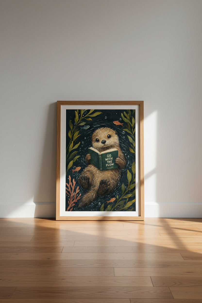 Whimsical Otter Wall Art Print | Nursery &amp; Library Decor | Dark Academia Poster