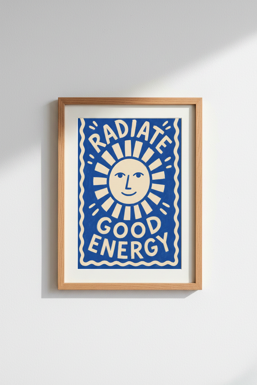 Radiate Good Energy | Bold Sun Art, Blue Cream Palette | Living Room Decor