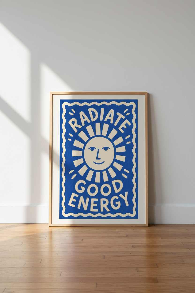 Radiate Good Energy | Bold Sun Art, Blue Cream Palette | Living Room Decor