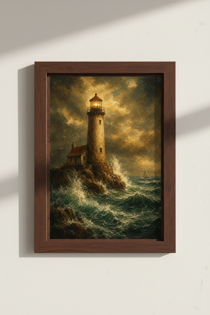 Moody Seascape Lighthouse Wall Art Print | Living Room Decor | Warm Coastal Poster