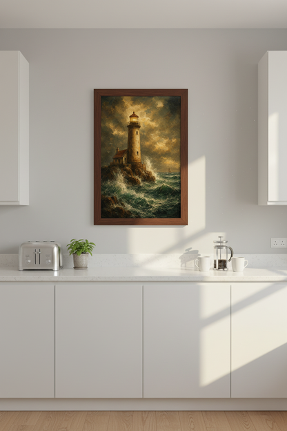 Moody Seascape Lighthouse Wall Art Print | Living Room Decor | Warm Coastal Poster