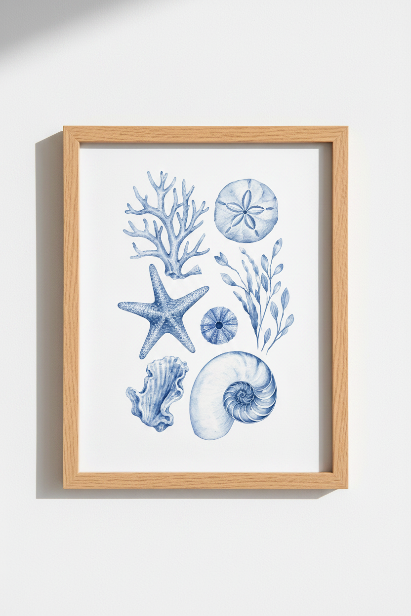 Coastal Blue Wall Art Print | Nautical Watercolor Seashells, Beach House Decor