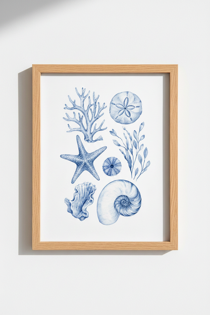 Coastal Blue Wall Art Print | Nautical Watercolor Seashells, Beach House Decor