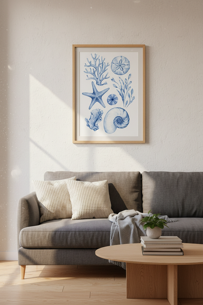Coastal Blue Wall Art Print | Nautical Watercolor Seashells, Beach House Decor