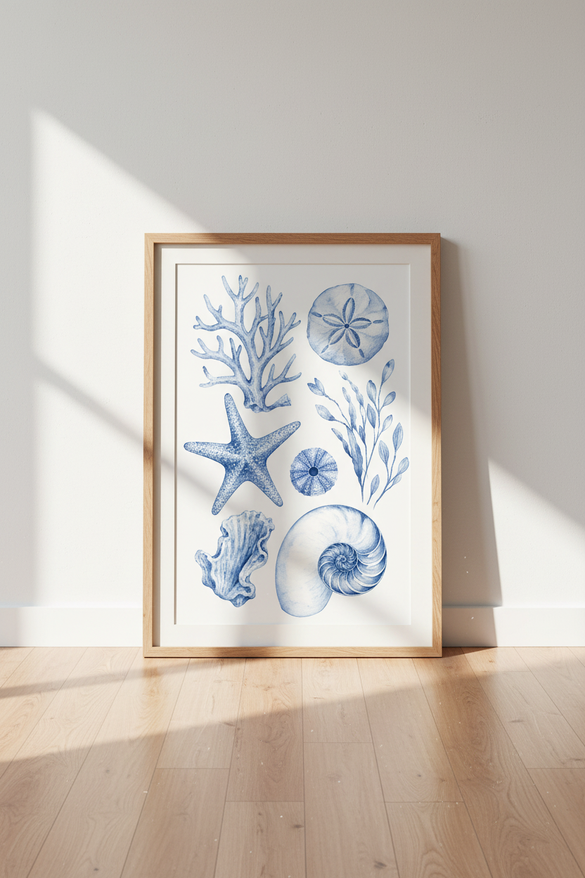 Coastal Blue Wall Art Print | Nautical Watercolor Seashells, Beach House Decor