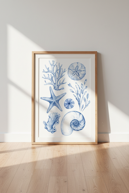 Coastal Blue Wall Art Print | Nautical Watercolor Seashells, Beach House Decor