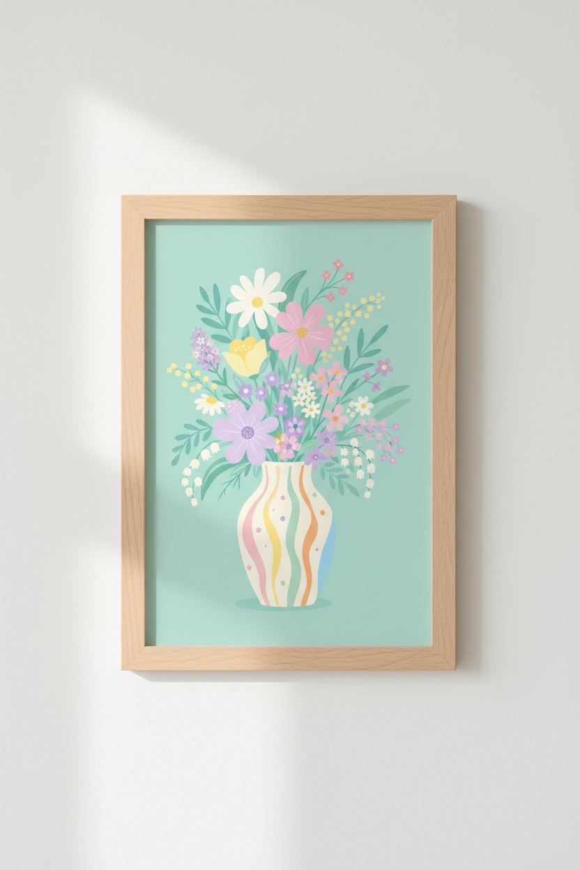 Pastel Floral Art Print | Colorful Flower Vase Poster, Nursery &amp; Living Room Wall Decor