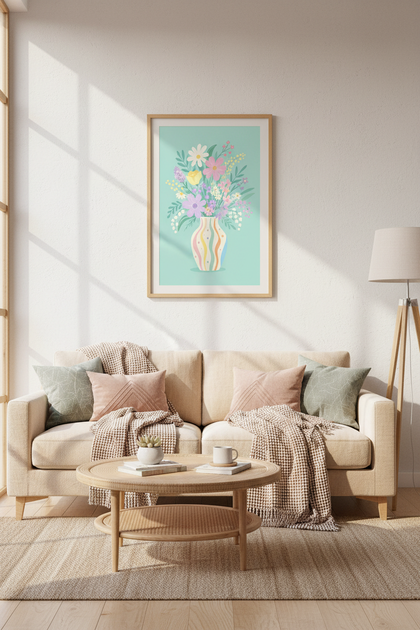 Pastel Floral Art Print | Colorful Flower Vase Poster, Nursery &amp; Living Room Wall Decor