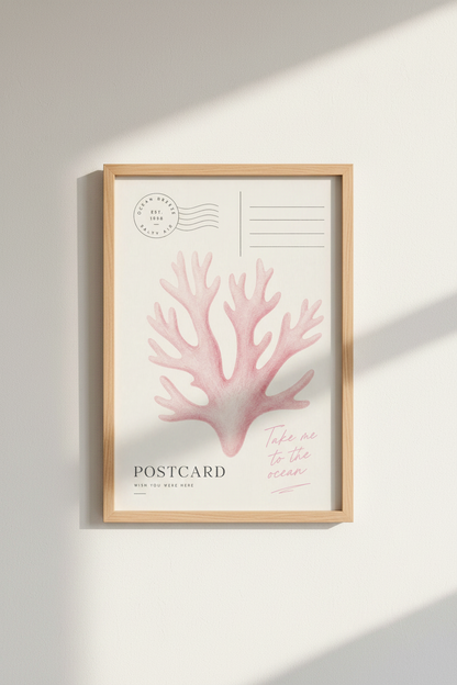 Coastal Coral Wall Art Print | Pink Beach Postcard Decor | Nautical Aesthetic Poster