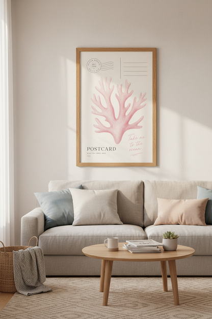 Coastal Coral Wall Art Print | Pink Beach Postcard Decor | Nautical Aesthetic Poster