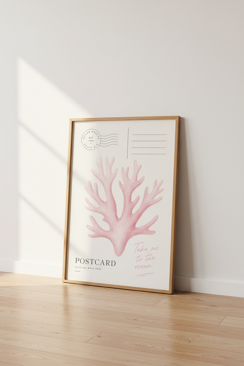 Coastal Coral Wall Art Print | Pink Beach Postcard Decor | Nautical Aesthetic Poster
