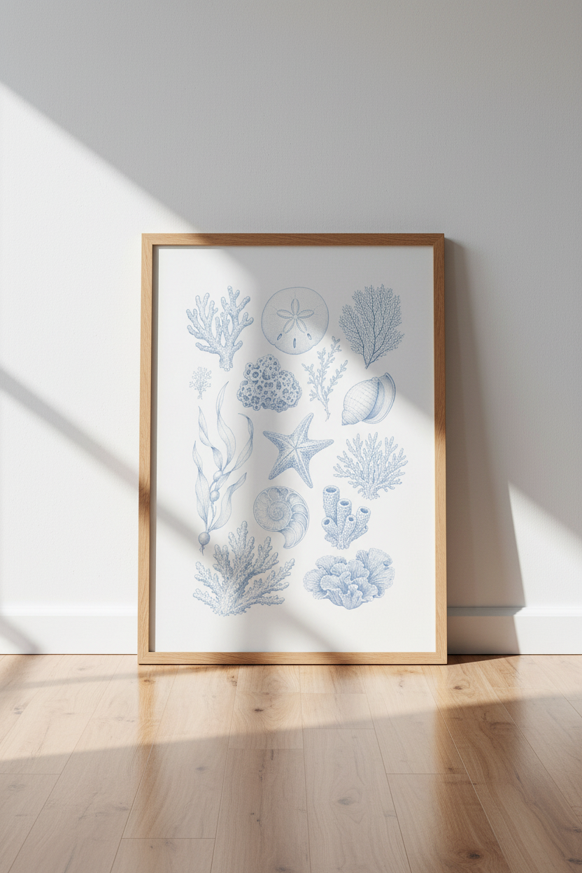 Blue Shell Wall Art Print | Coastal Bathroom Decor | Nautical Sea Life Poster