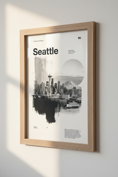 Seattle Skyline Wall Art | Modern Monochrome Poster, Living Room Decor