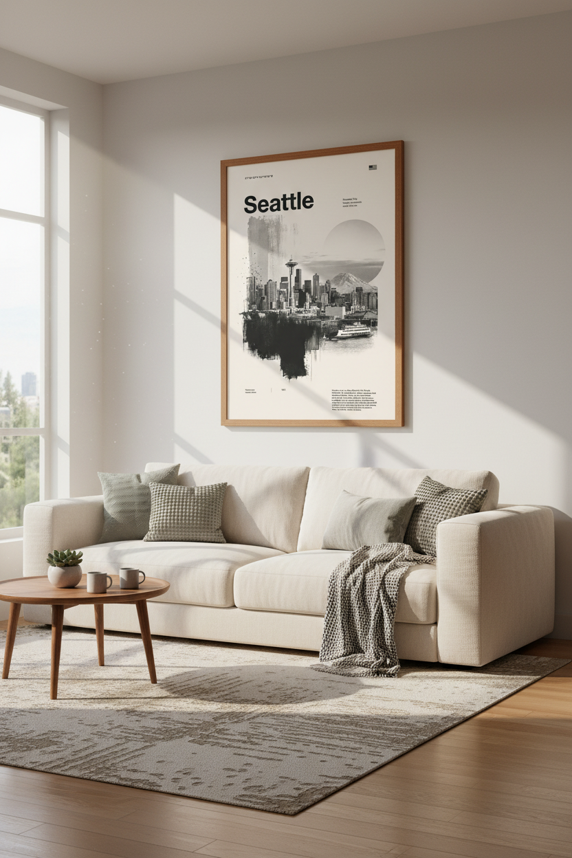 Seattle Skyline Wall Art | Modern Monochrome Poster, Living Room Decor