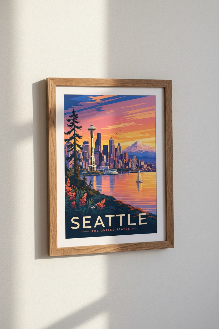 Seattle Skyline | Retro Sunset Travel Poster, Modern Living Room Decor