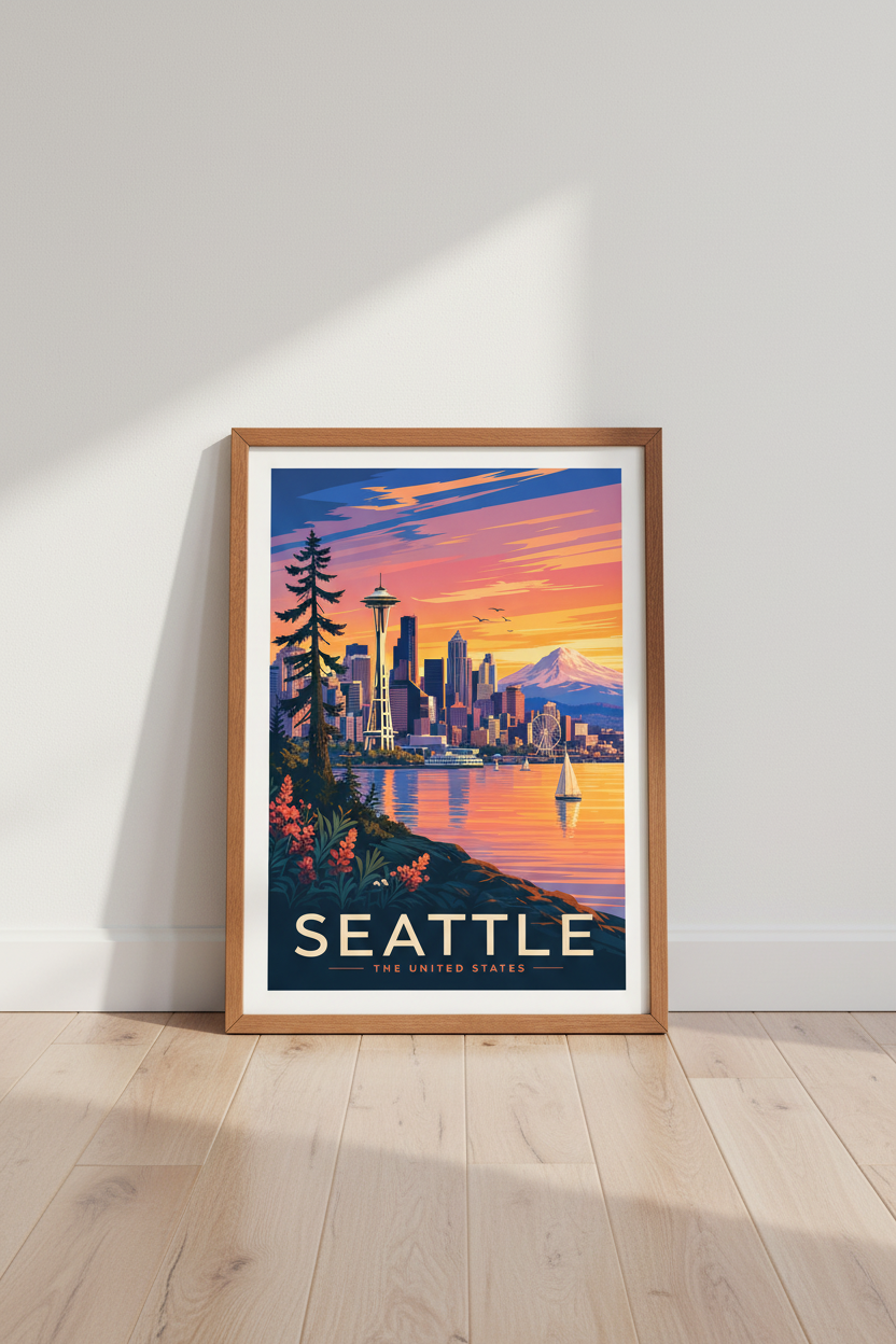 Seattle Skyline | Retro Sunset Travel Poster, Modern Living Room Decor