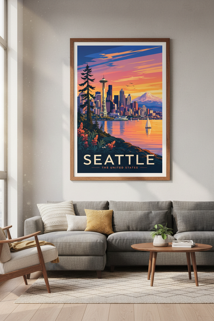 Seattle Skyline | Retro Sunset Travel Poster, Modern Living Room Decor