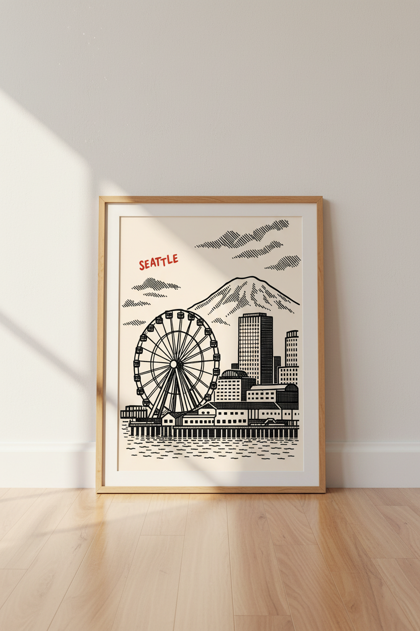 Seattle wall art | Minimalist linework cityscape, Living room decor