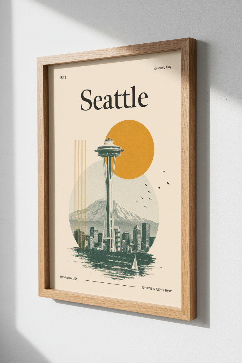 Seattle Skyline Wall Art | Retro Space Needle Poster, Mid Century Modern Decor
