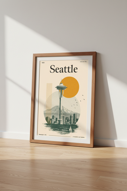 Seattle Skyline Wall Art | Retro Space Needle Poster, Mid Century Modern Decor