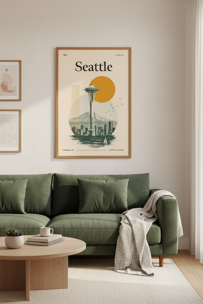Seattle Skyline Wall Art | Retro Space Needle Poster, Mid Century Modern Decor