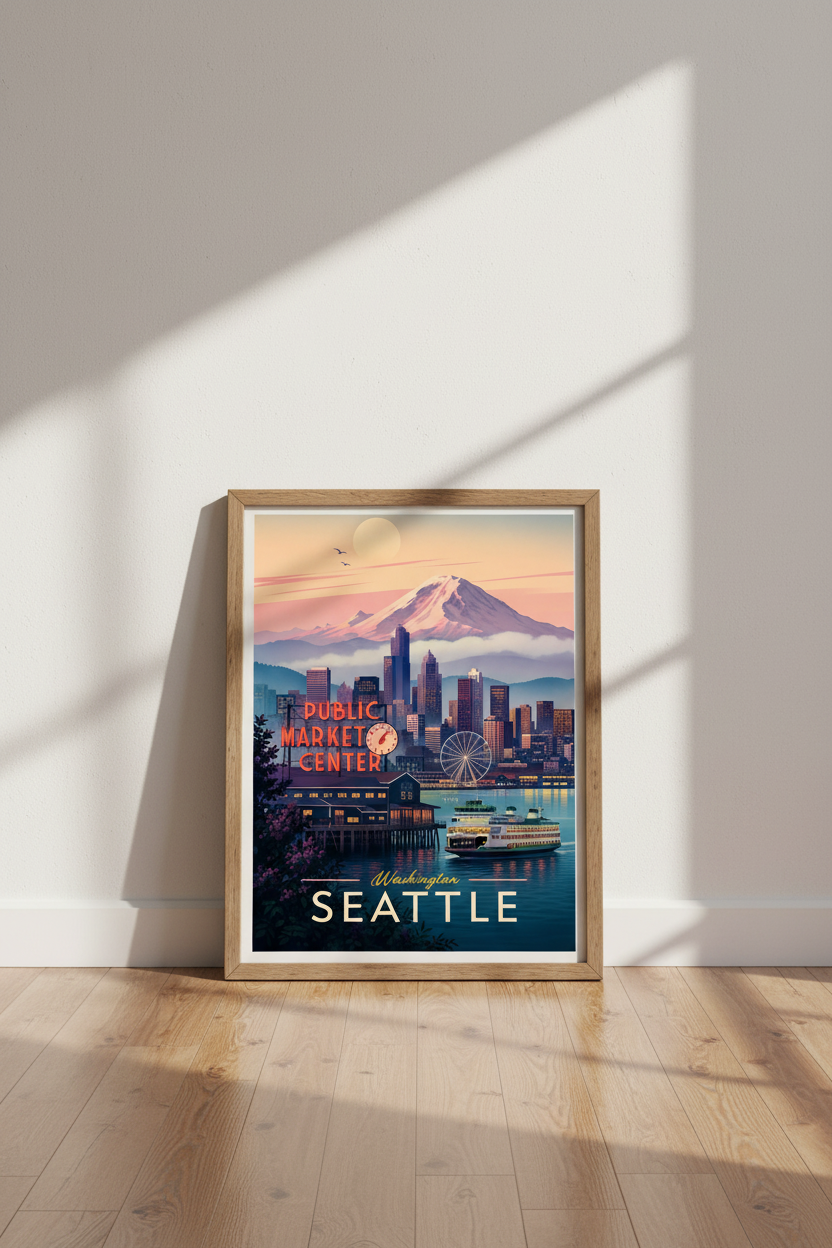 Seattle Washington Skyline Wall Art | Mount Rainier Travel Poster | Modern Room Decor