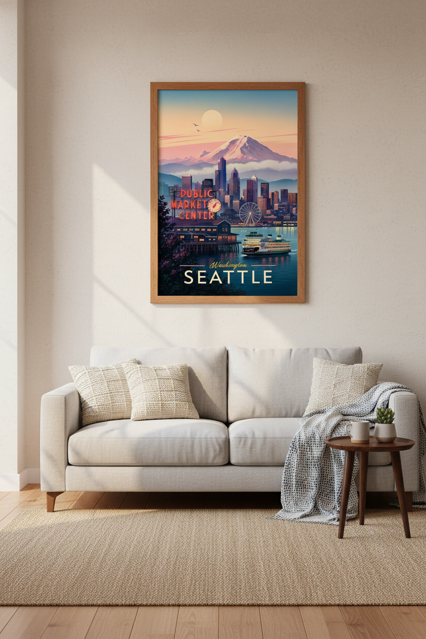 Seattle Washington Skyline Wall Art | Mount Rainier Travel Poster | Modern Room Decor