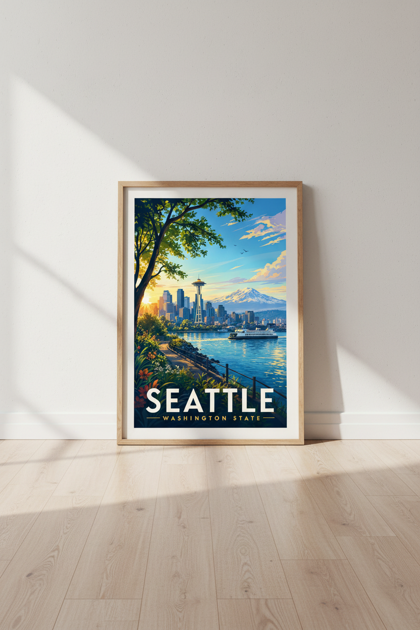 Seattle Cityscape Art | Retro Travel Poster, Space Needle &amp; Mt Rainier Decor