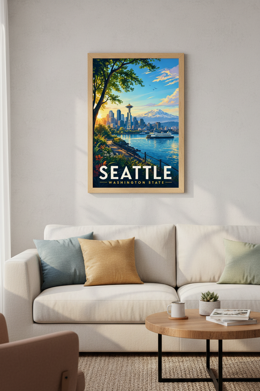 Seattle Cityscape Art | Retro Travel Poster, Space Needle &amp; Mt Rainier Decor